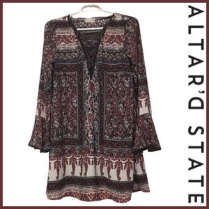 Altard State Long Sleeve Knee Length Dress, Pink White Gray, Bell Sleeves, Small